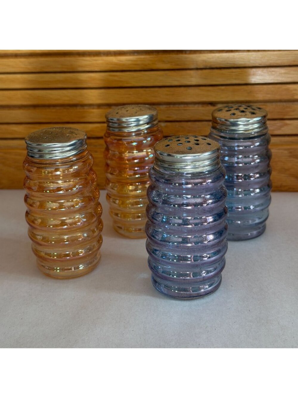 Vintage Carnival Glass Four 3" Ribbed Salt Pepper Shakers Blue Amber Iridescent